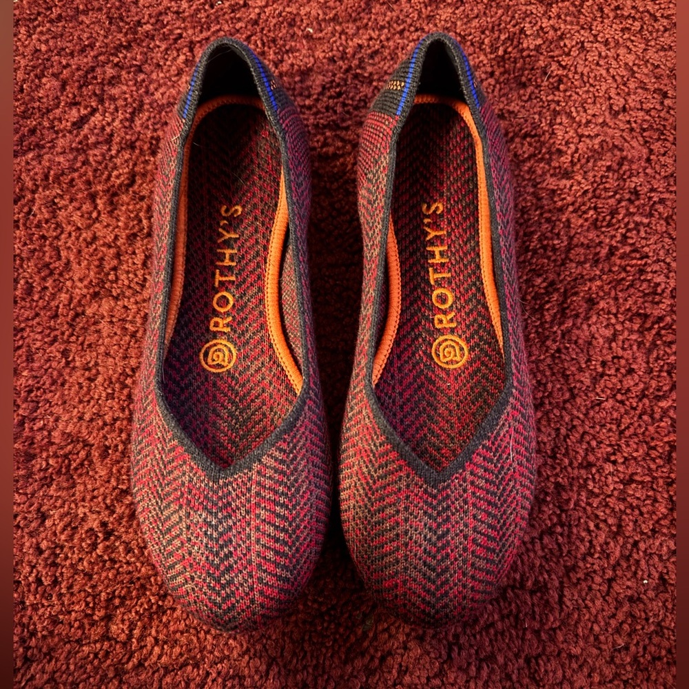 Rothy's Red Merino Rounded-Toe Flats, Bordeaux Herringbone, Size 6